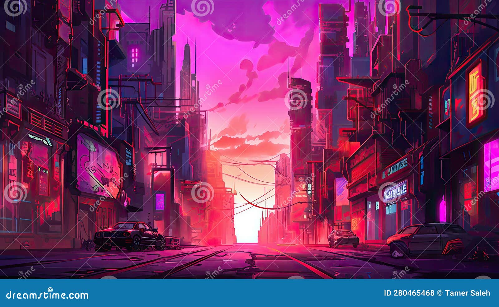 Cyberpunk City Art Pink Desktop Background Wallpaper Stock Illustration ...