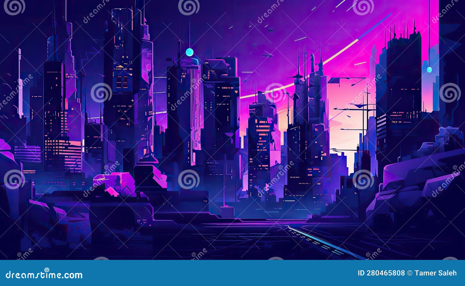 Cyberpunk City Art Purple Desktop Background Wallpaper Stock ...