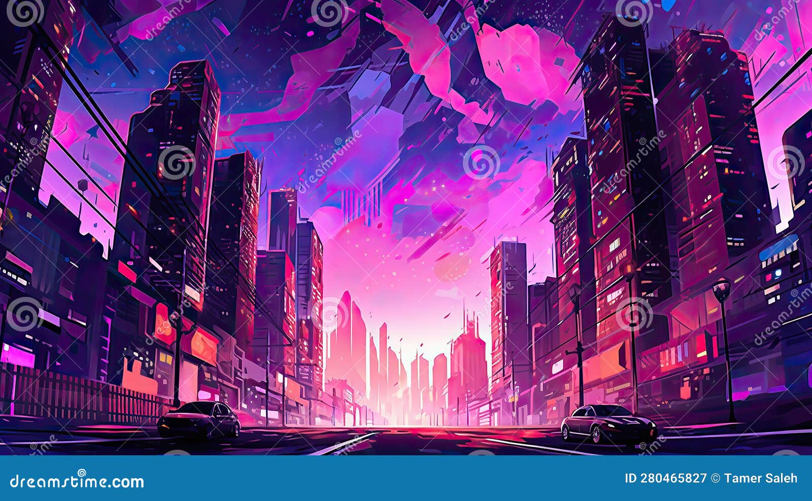 Cyberpunk City Art Purple Desktop Background Wallpaper Stock ...