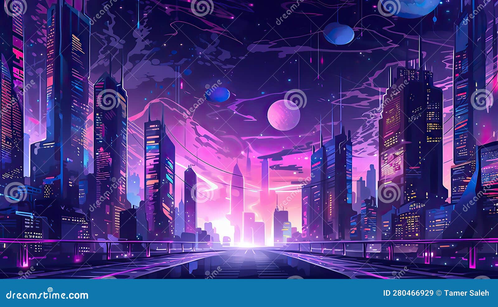 Cyberpunk City Art Purple Desktop Background Wallpaper Stock ...