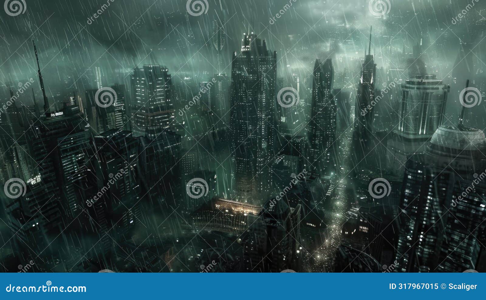 cyberpunk city in rain at night, dark futuristic urban background, modern buildings in future. theme of dystopia, storm, street,