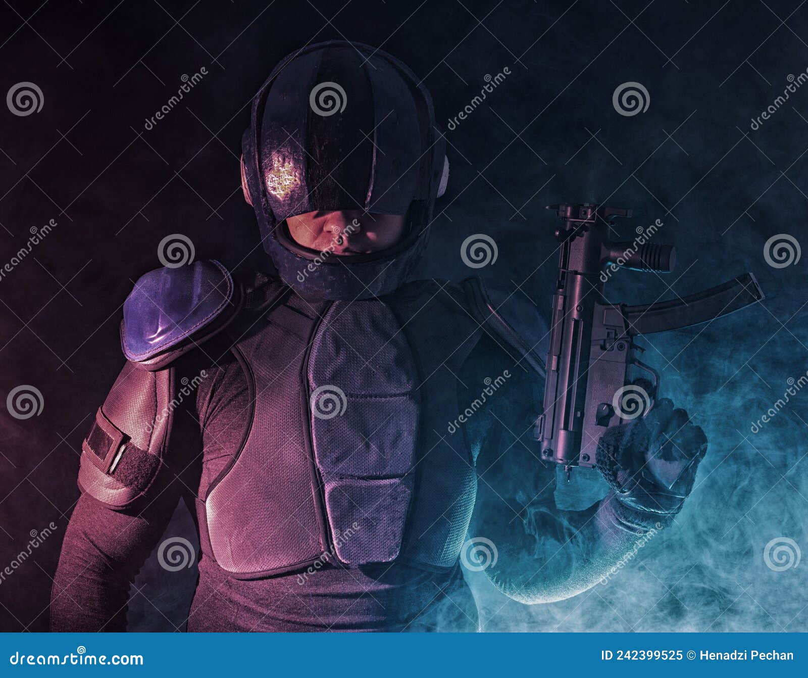 cyberpunk concept, future world. police officer cop in dark, halfman bionic cyborg or reloads gun, twitches cocking lever, stands
