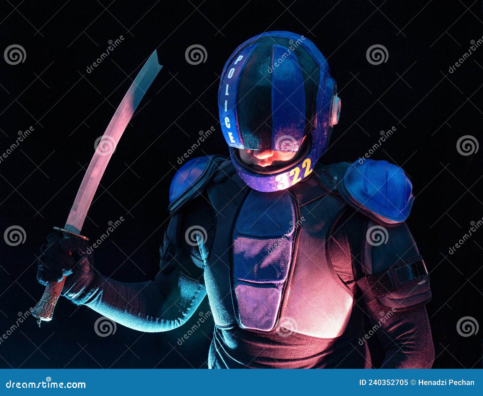 cyberpunk future concept. bionic cyborg police officer with short samurai sword stands in dark. halfman robot looks at camera.