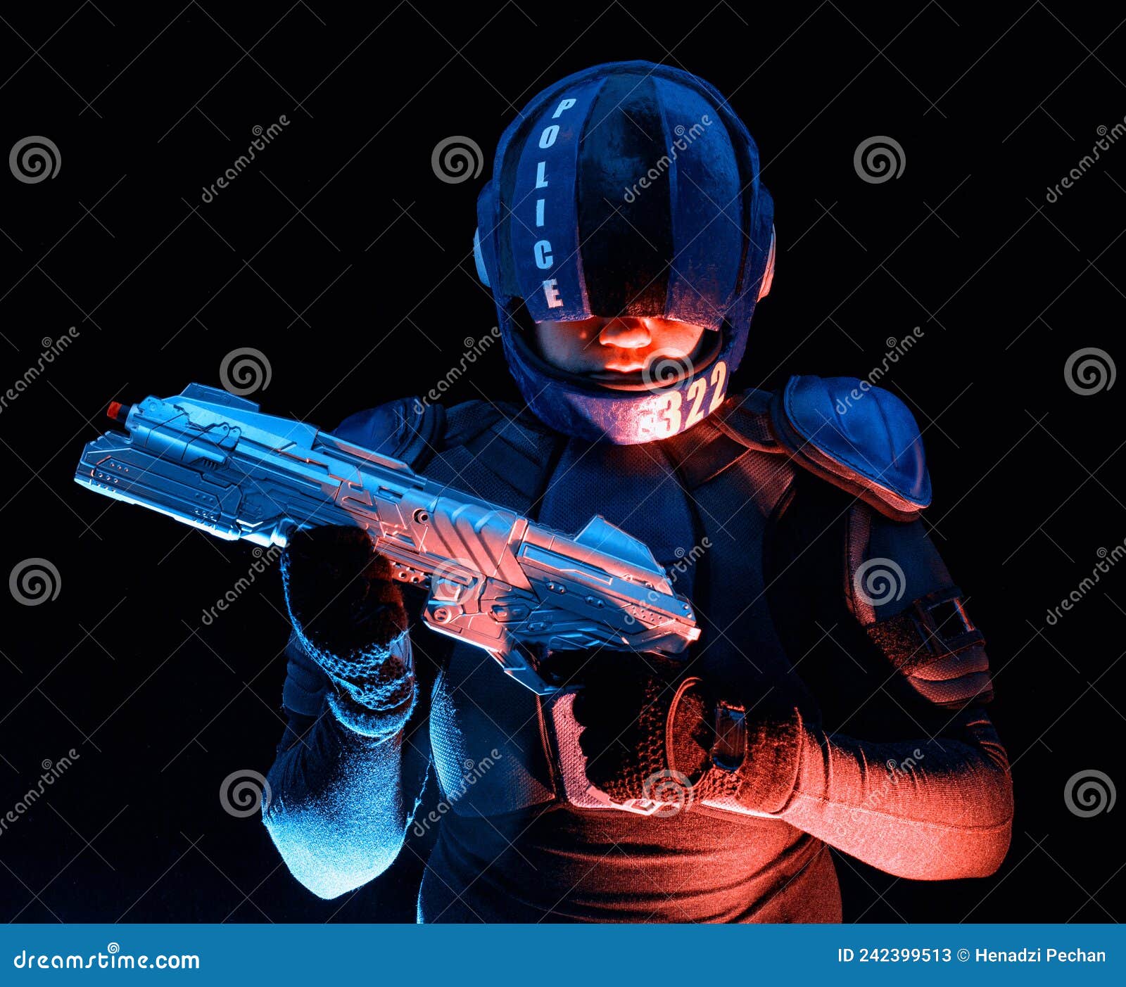 cyberpunk future concept. police officer reloads futuristic shotgun in dark. robot aims at camera. halfman bionic cyborg releases