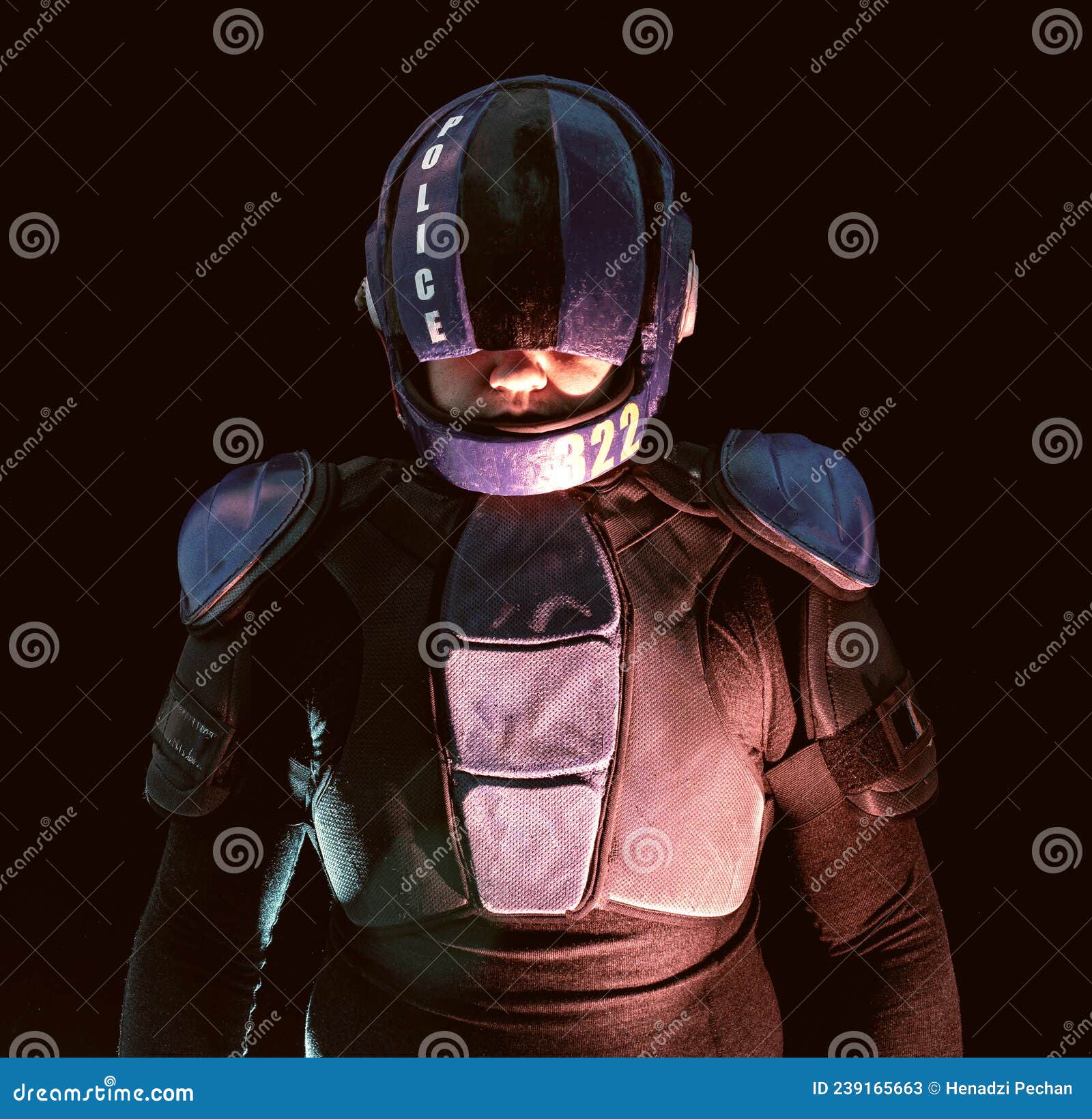 cyberpunk future concept. portrait of bionic cyborg police officer in dark. halfman robot looks at camera. futuristic science