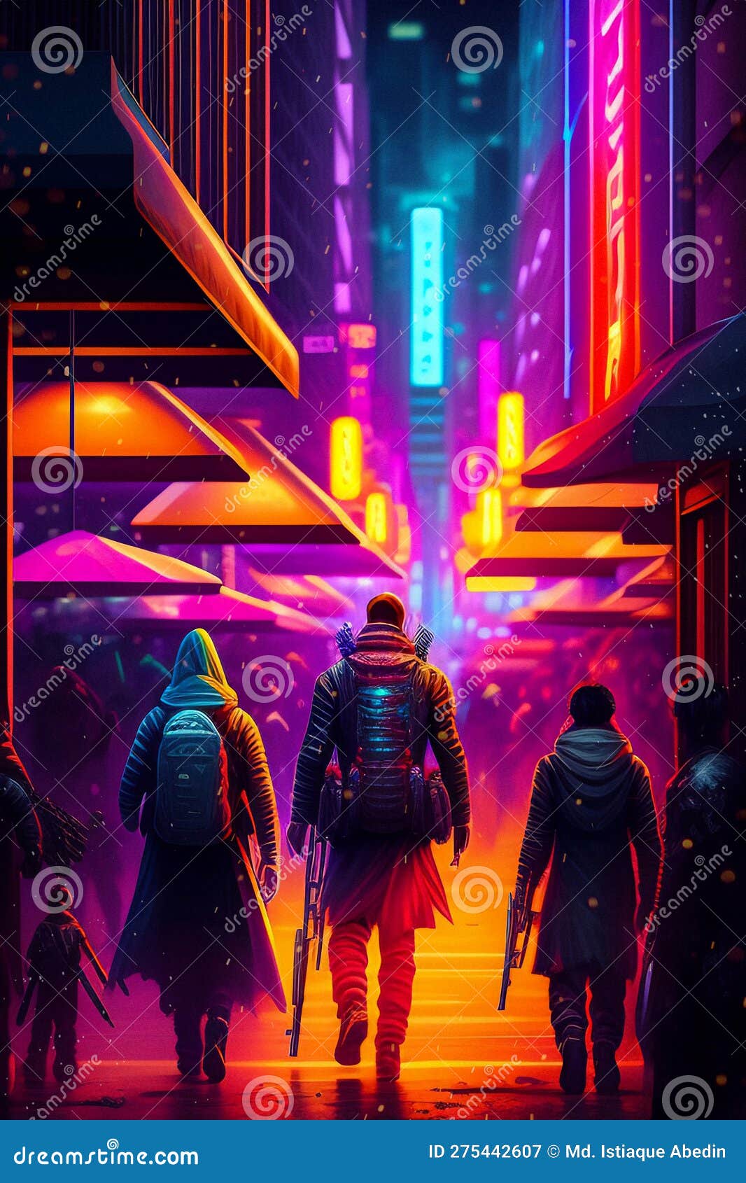 anime cyberpunk girl wearing futuristic outfit in a neon city at