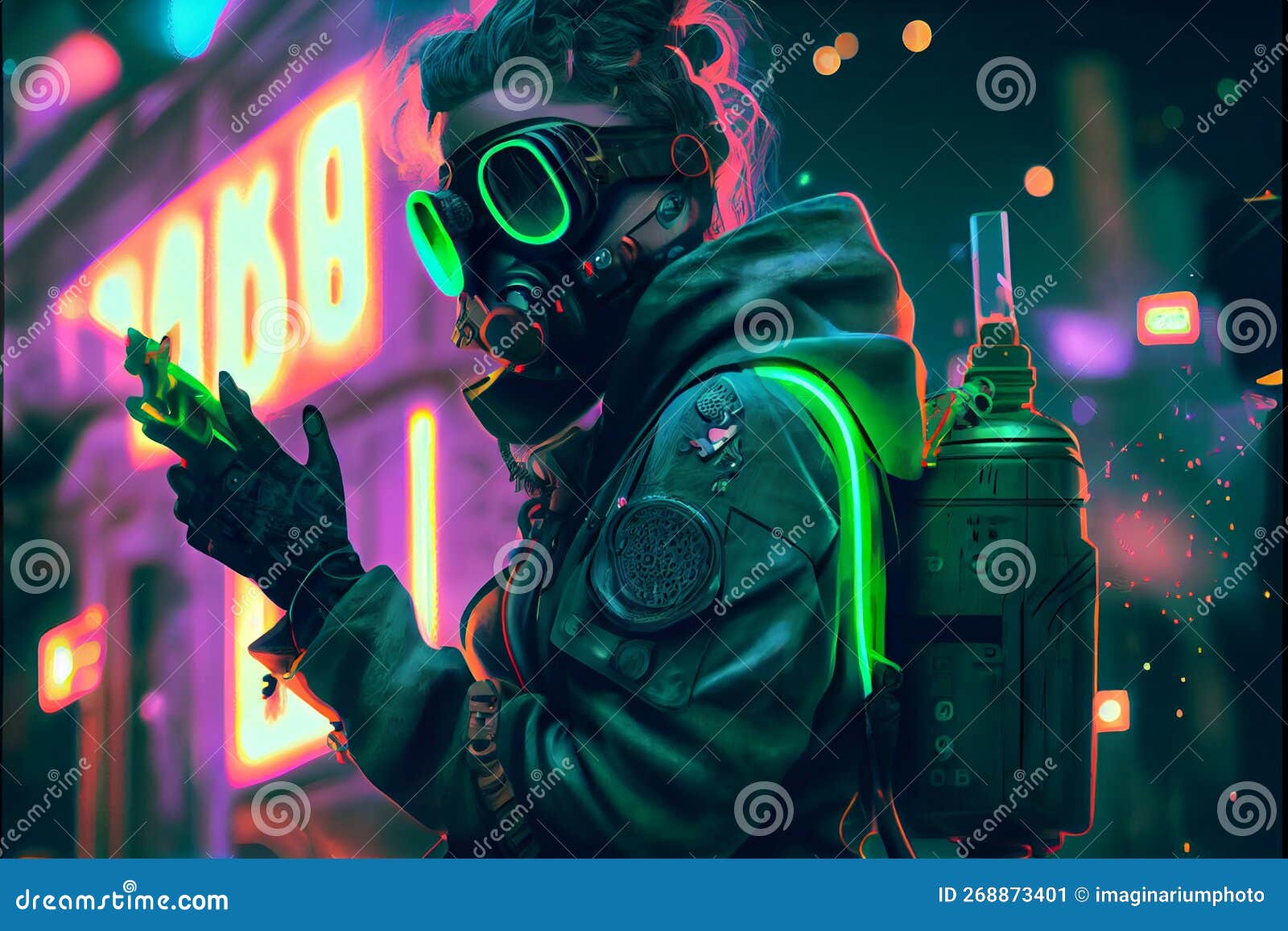 Cyberpunk Girl Wearing Futuristic Gas Mask with Protective Green Glasses  and Filters Standing in a Night Scene with Air Stock Illustration -  Illustration of design, cyber: 268873401