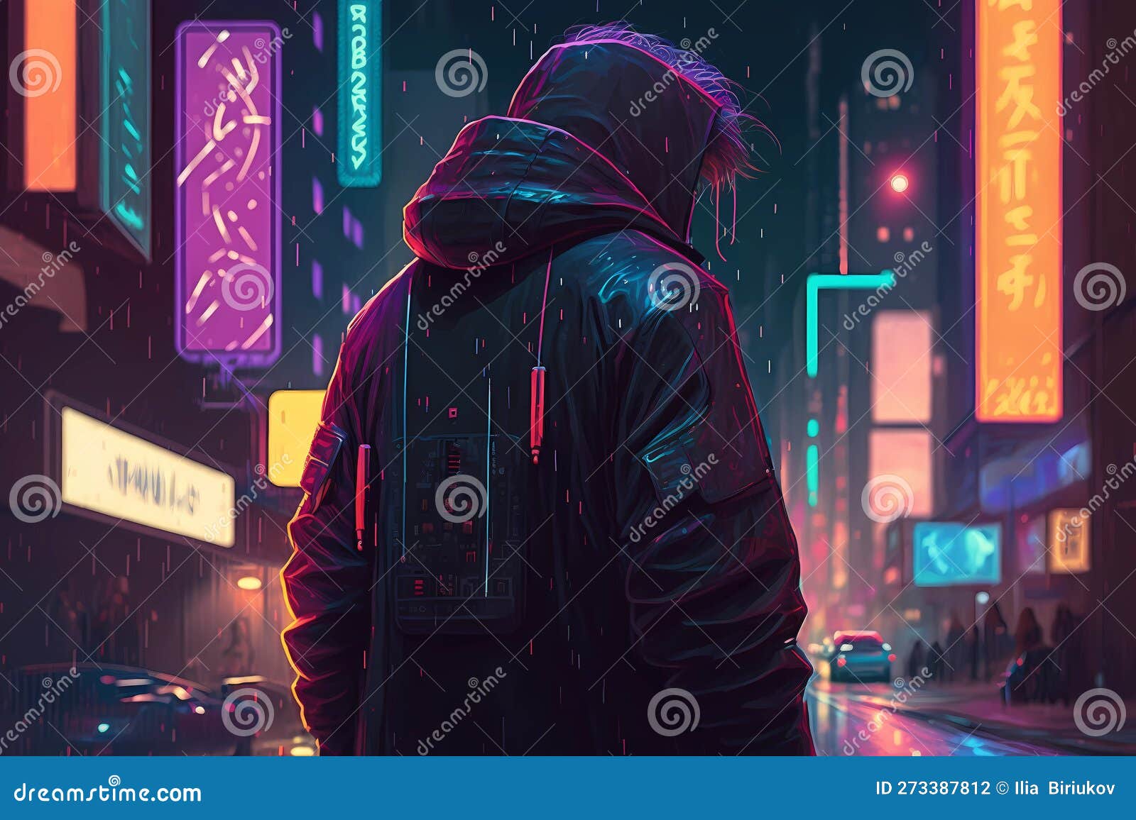 Portrait of a men in a futuristic cyberpunk style in neon clothes. A  high-tech man