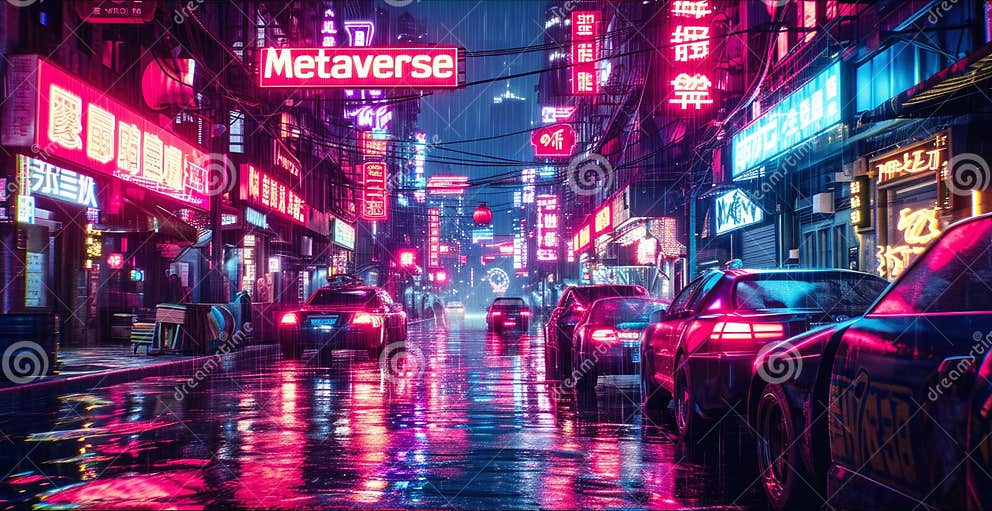 Cyberpunk Neon City at Night, Dark Futuristic Town in Rain, Sign