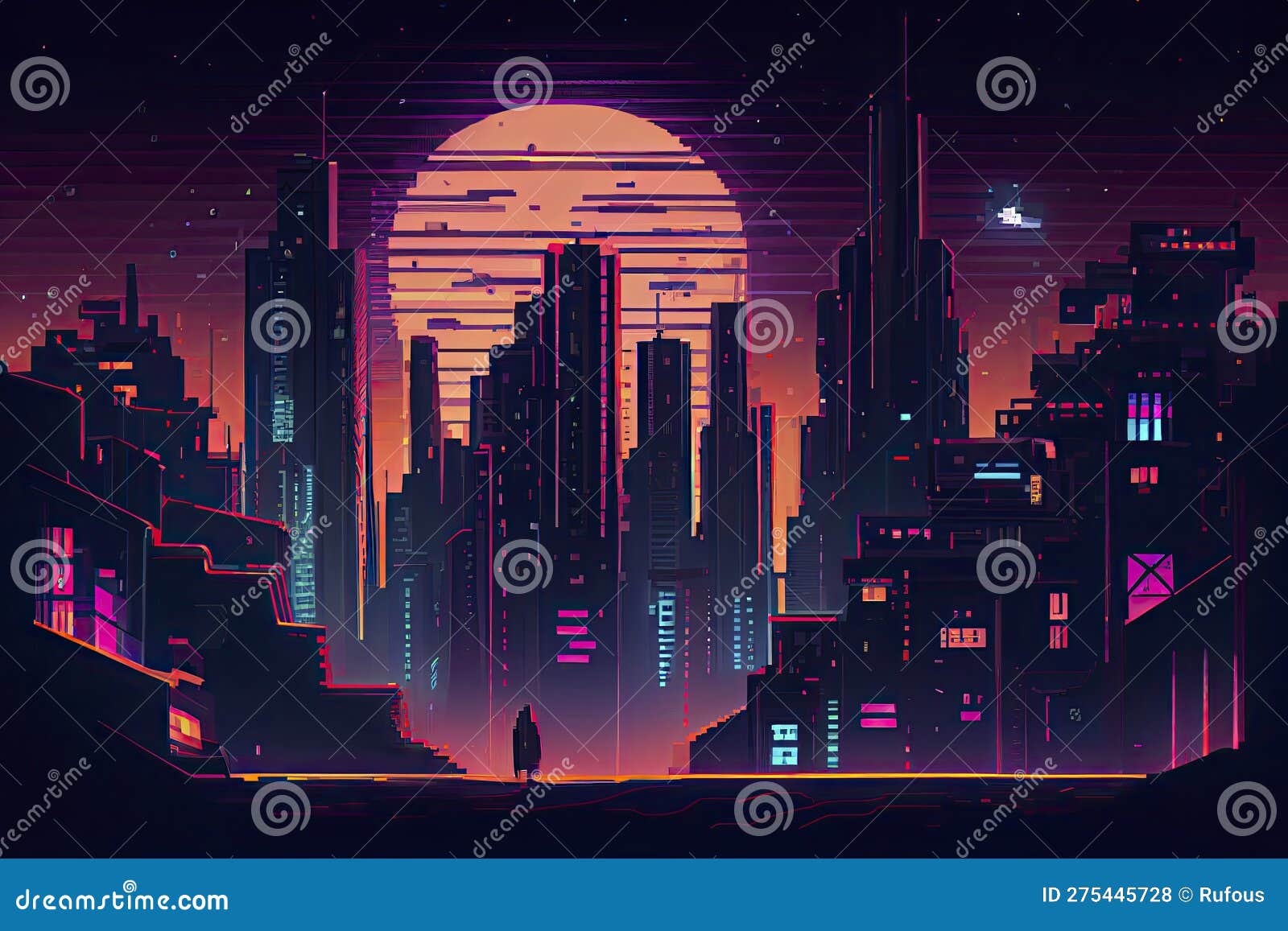 Cyberpunk Neon City Night. Futuristic City Scene in a Style of Pixel ...