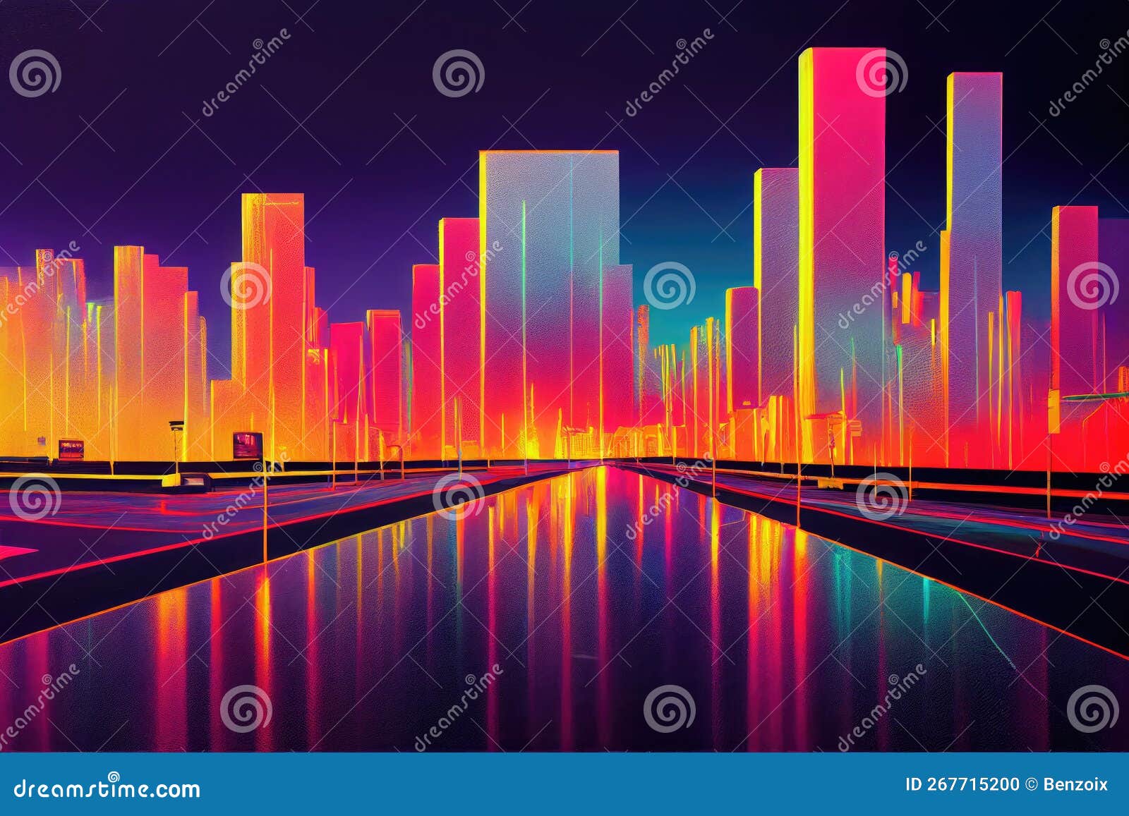 Beautiful Cyberpunk Cityscape, Glitchy Animation style, Cyberpunk Wallpaper/Background, Stock Illustration