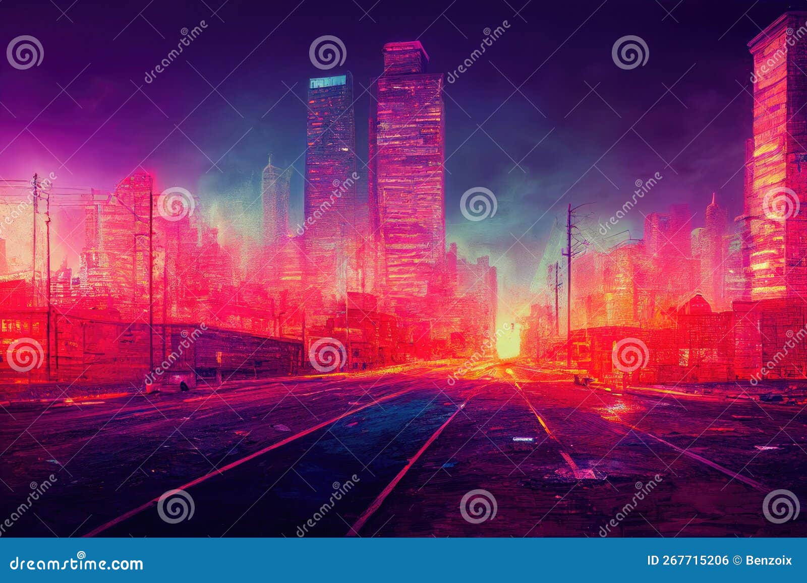 Cyberpunk city street. Sci-fi wallpaper. Futuristic city scene in a style  of pixel art. 80's wallpaper. Retro future 3D illustration. Urban scene.  Stock Illustration