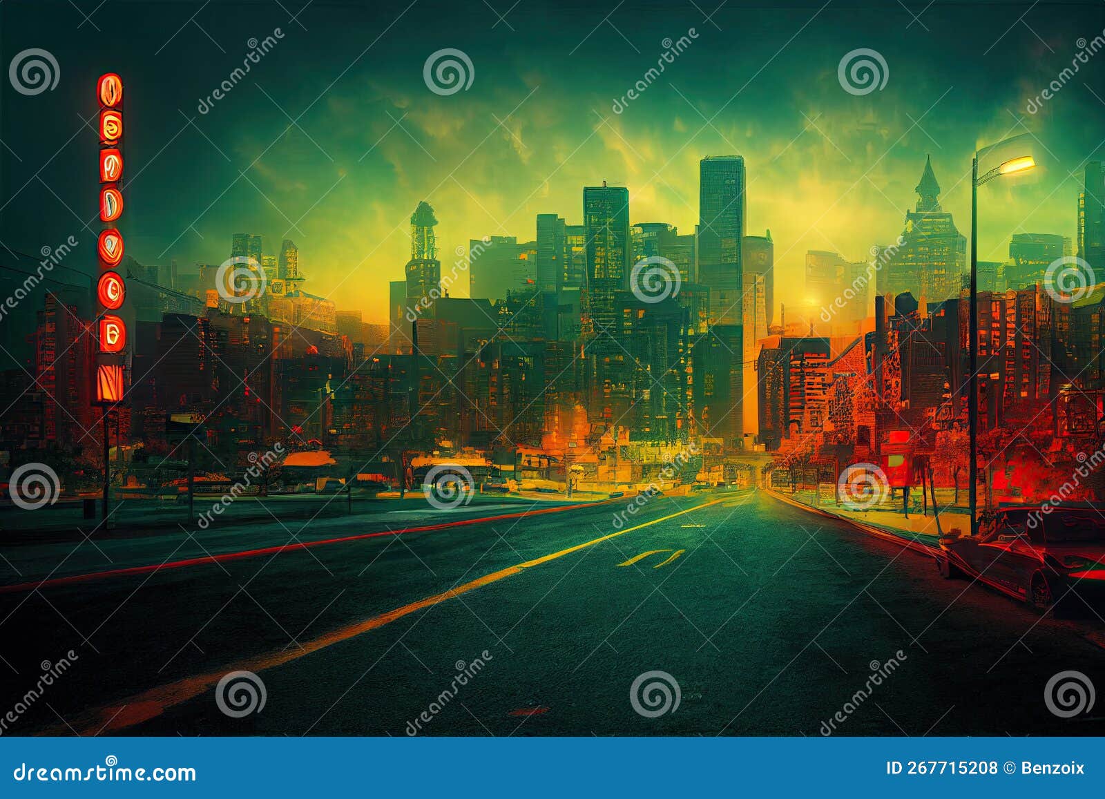 Beautiful Cyberpunk Cityscape, Glitchy Animation style, Cyberpunk Wallpaper/Background, Stock Illustration