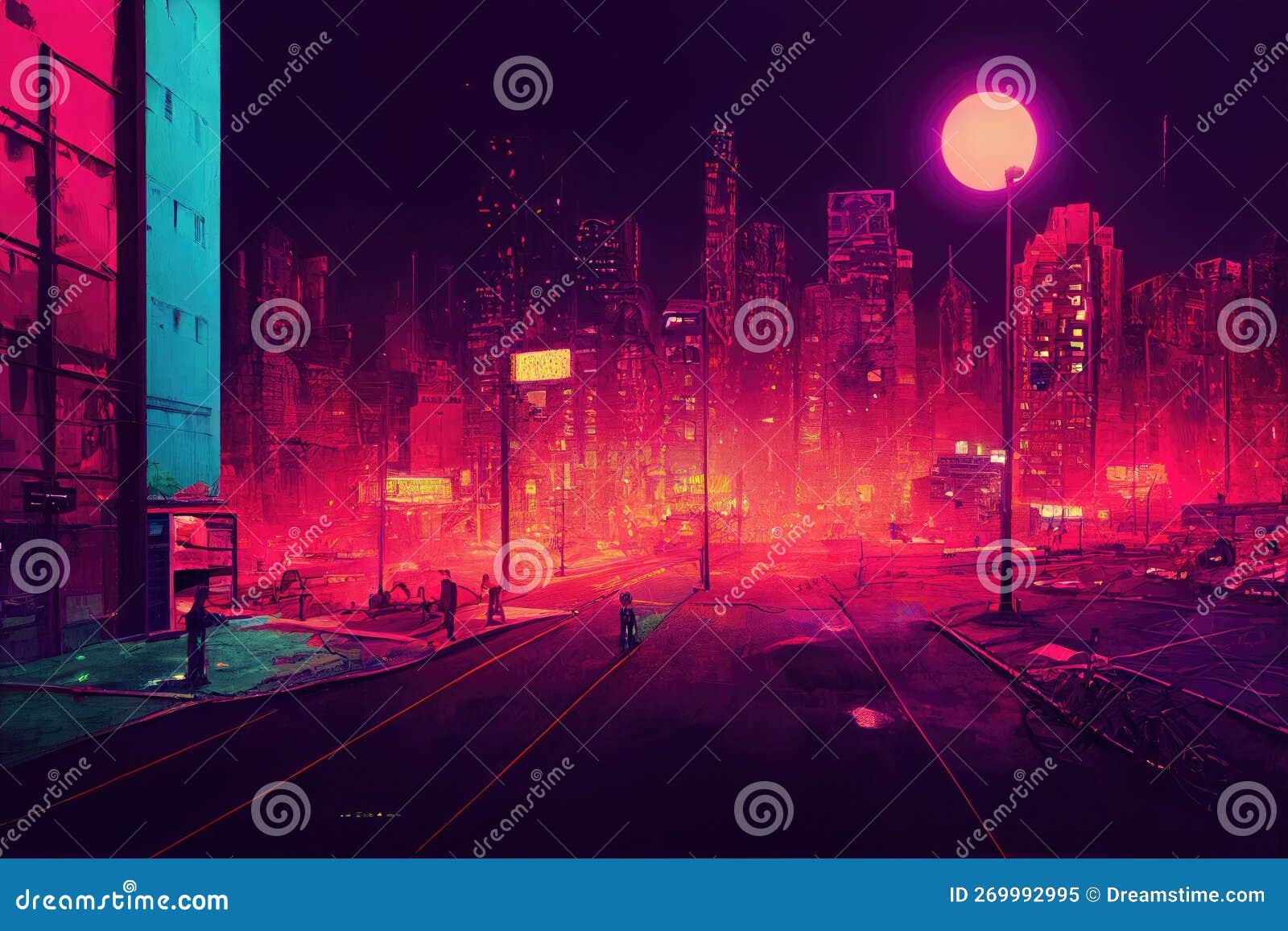 Cyberpunk neon city street at night. Futuristic city scene in a