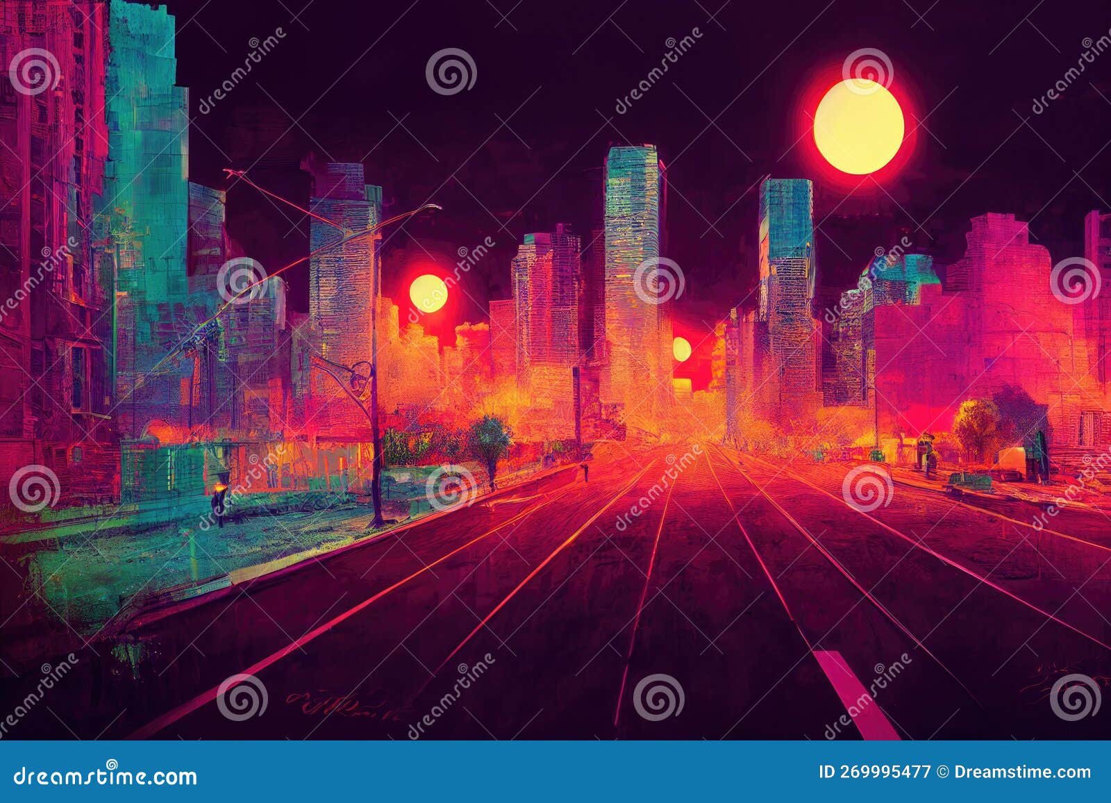 Beautiful Cyberpunk Cityscape, Glitchy Animation style, Cyberpunk Wallpaper/Background, Stock Illustration