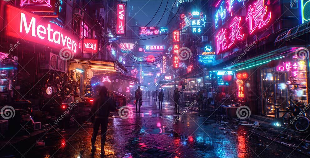 Cyberpunk Neon City at Night, Store Sign Metaverse in Dark Town in Rain