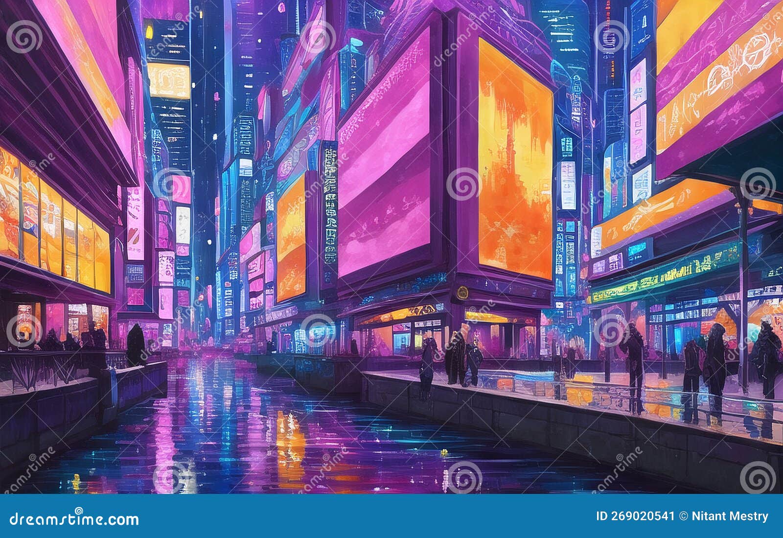 Sci-fi Fantasy City, Cyberpunk Buildings Illustration. Neon Colors