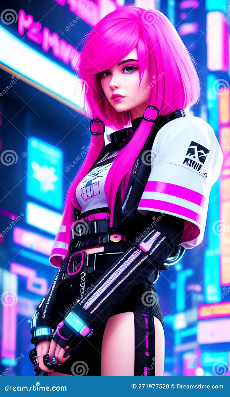 Anime-style cyberpunk girl with futuristic fashion