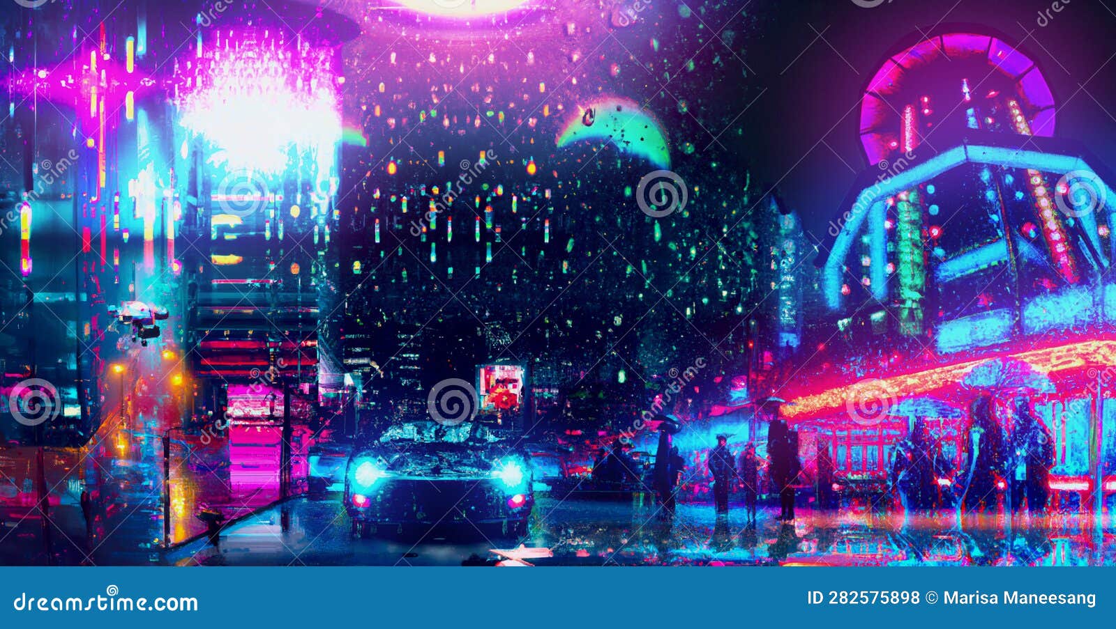 cyberpunk rainy city lights panorama view with crowds, generative ai based artwork