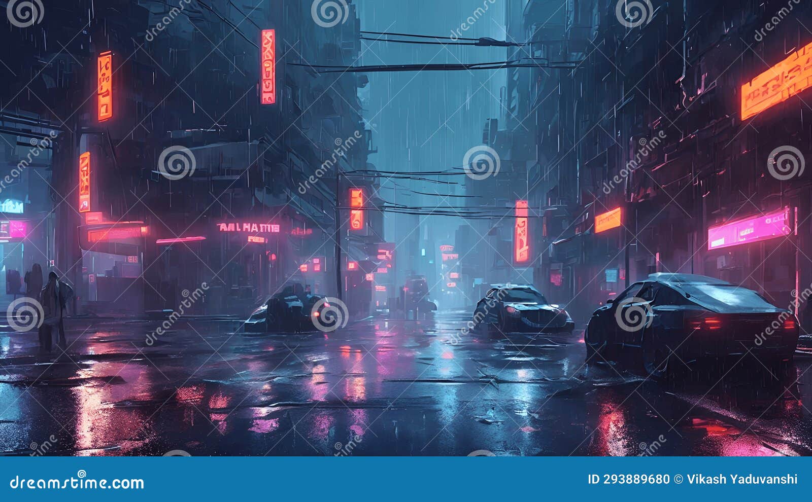 Cyberpunk streets illustration, futuristic city, dystoptic artwork at  night, 4k wallpaper. Rain foggy, moody empty future Stock Illustration