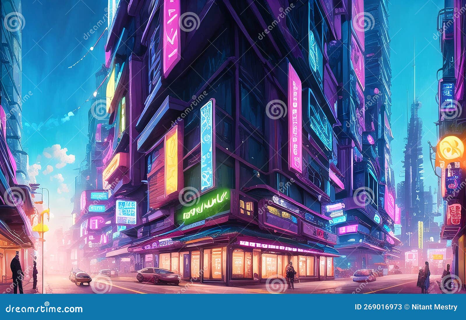 Sci-fi Fantasy City, Cyberpunk Buildings Illustration. Neon Colors