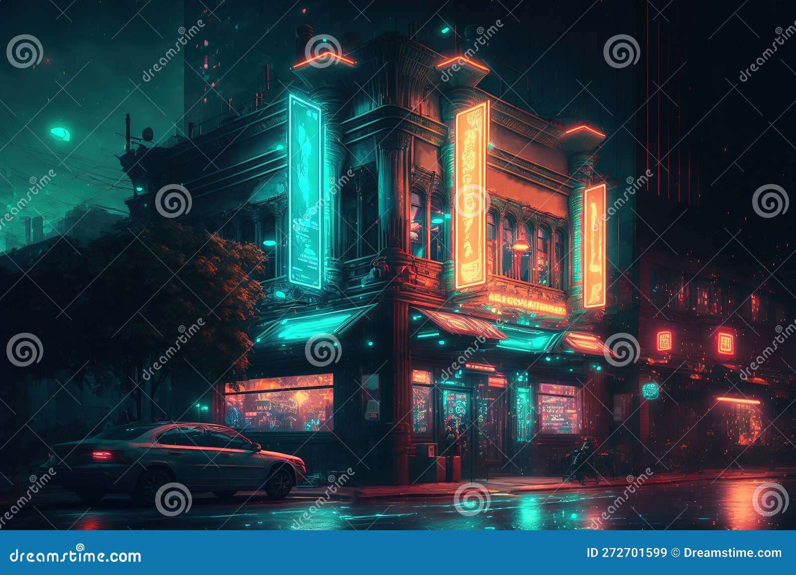 Cyberpunk city, abstract illustration, futuristic city, dystoptic artwork  at night, 4k wallpaper, Stock Illustration