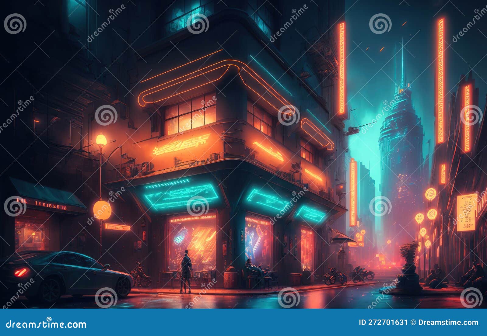 Cyberpunk city, abstract illustration, futuristic city, dystoptic artwork  at night, 4k wallpaper, Stock Illustration