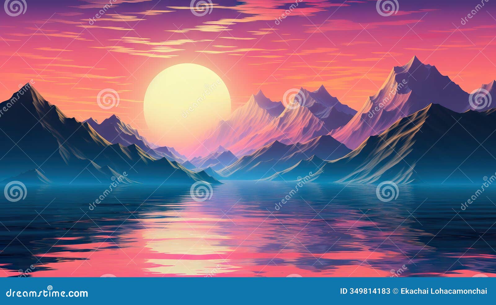 cyberwave oasis retro vintage 1990s aesthetic s landscape - mountains, lake, and large sun, infused with cyberpunk
