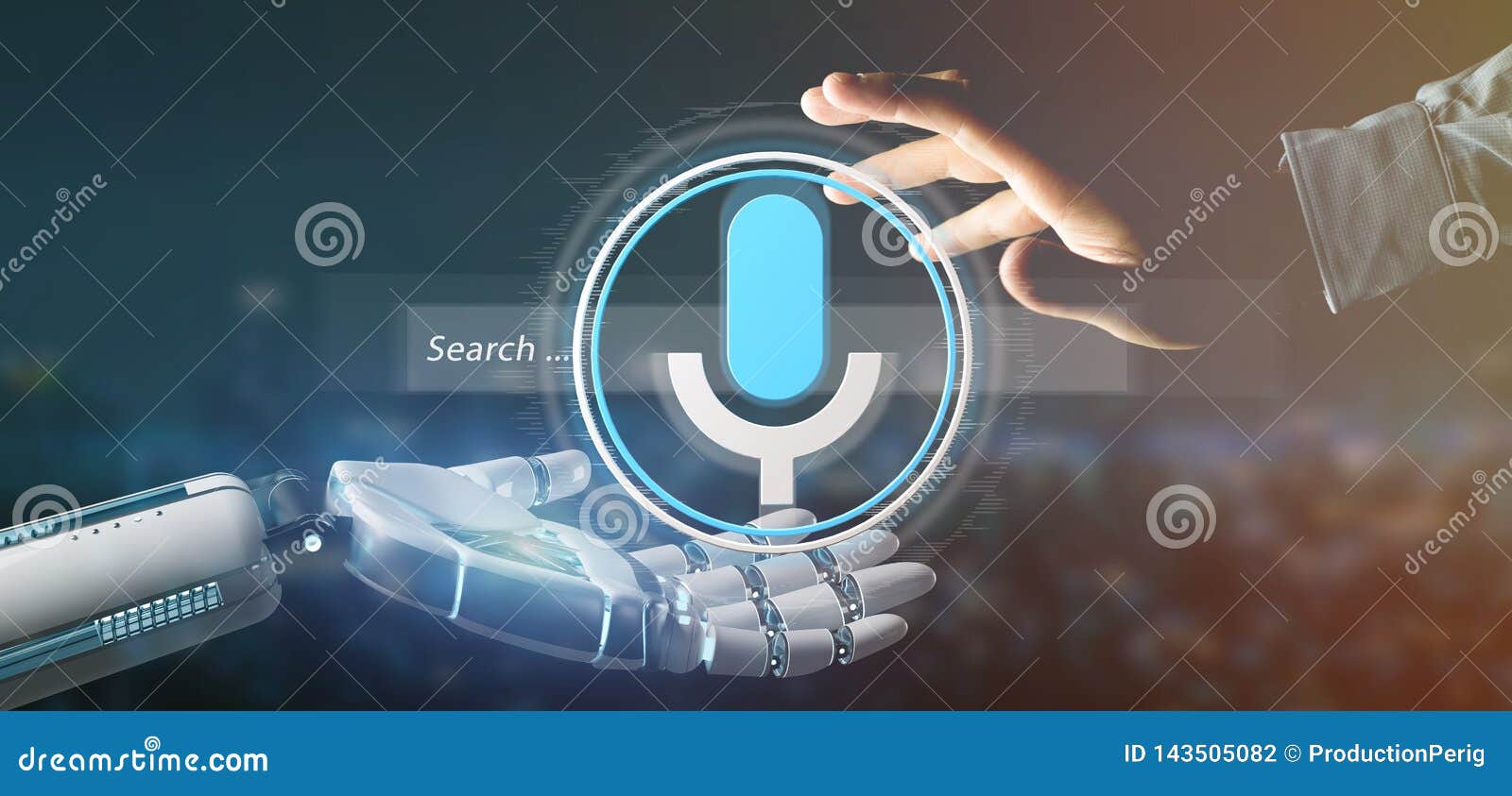 cyborg hand holding a ocal search system with button and icon 3d rendering