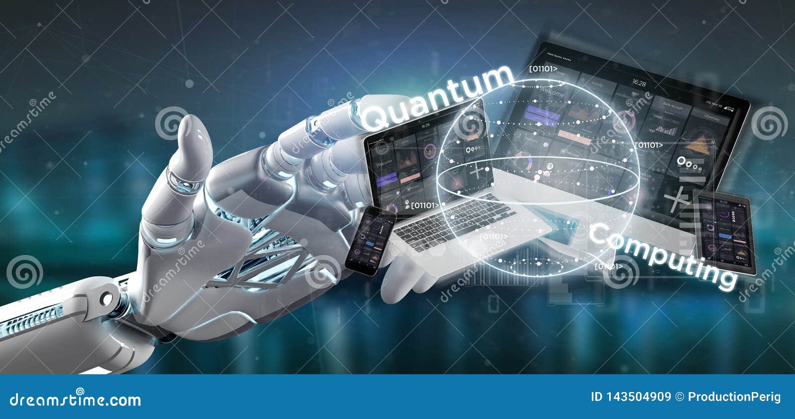 cyborg hand holding quantum computing concept with qubit and devices 3d rendering