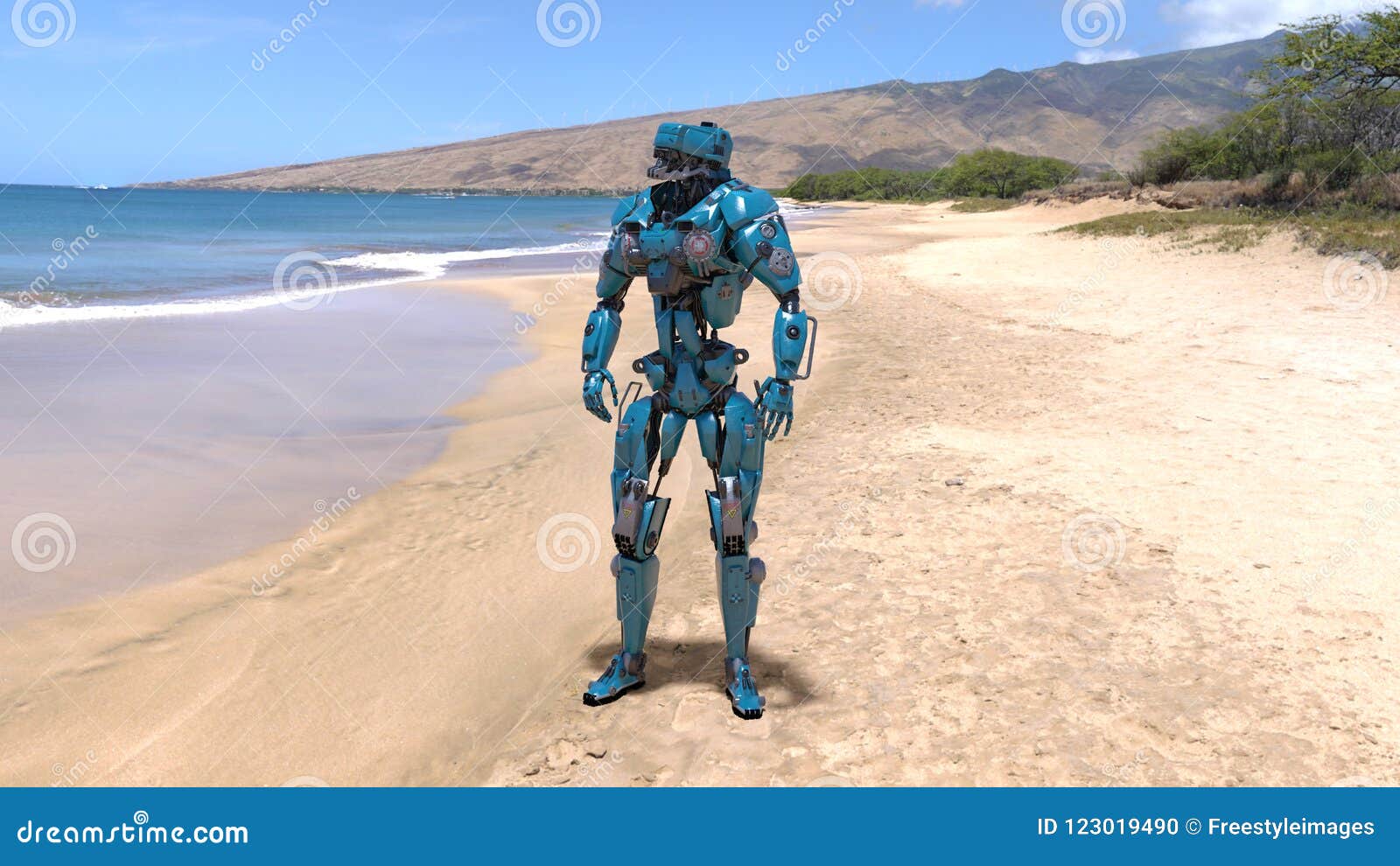 cyborg, humanoid robot at beach with sea and mountains in the background, mechanical android, 3d render