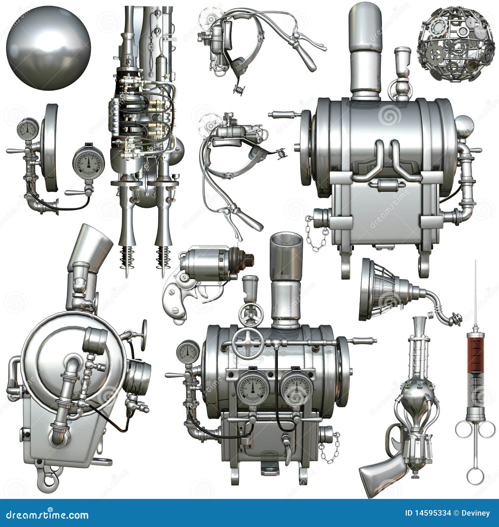 An illustrated set of different parts used in a cyborg, isolated on a 