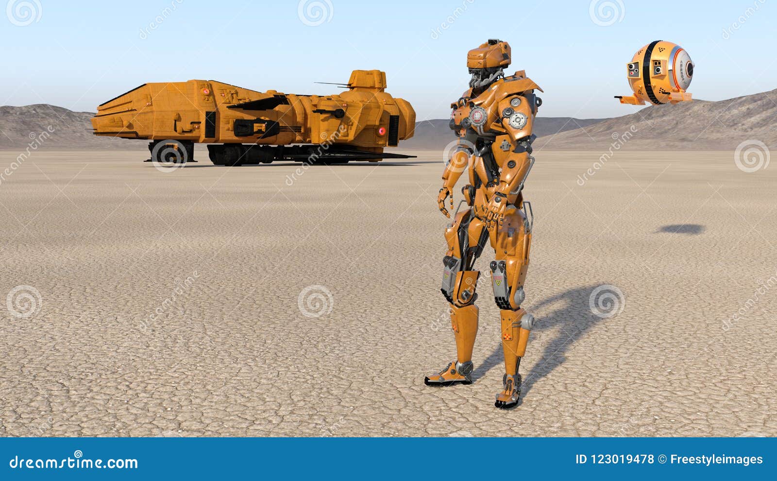 cyborg worker with spaceship and drone, humanoid robot with spacecraft exploring deserted planet, mechanical android, 3d render