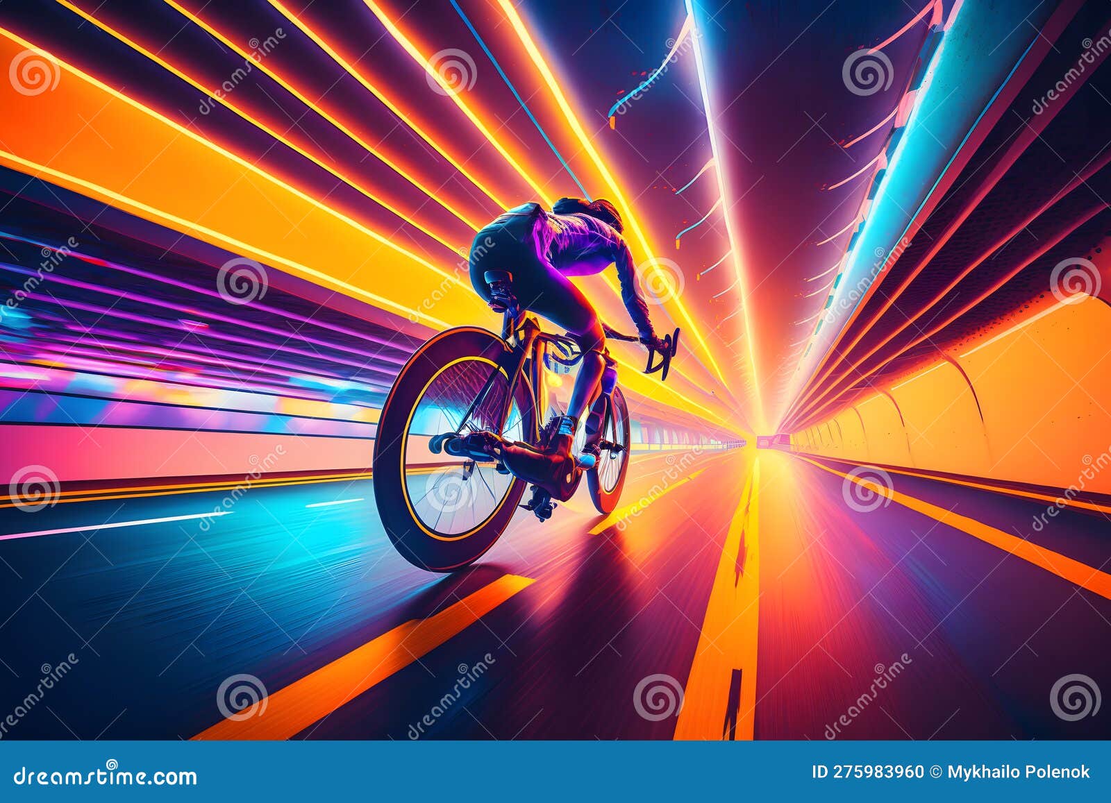 the cyclist rides on his bike at synthwave background. neural network ai generated