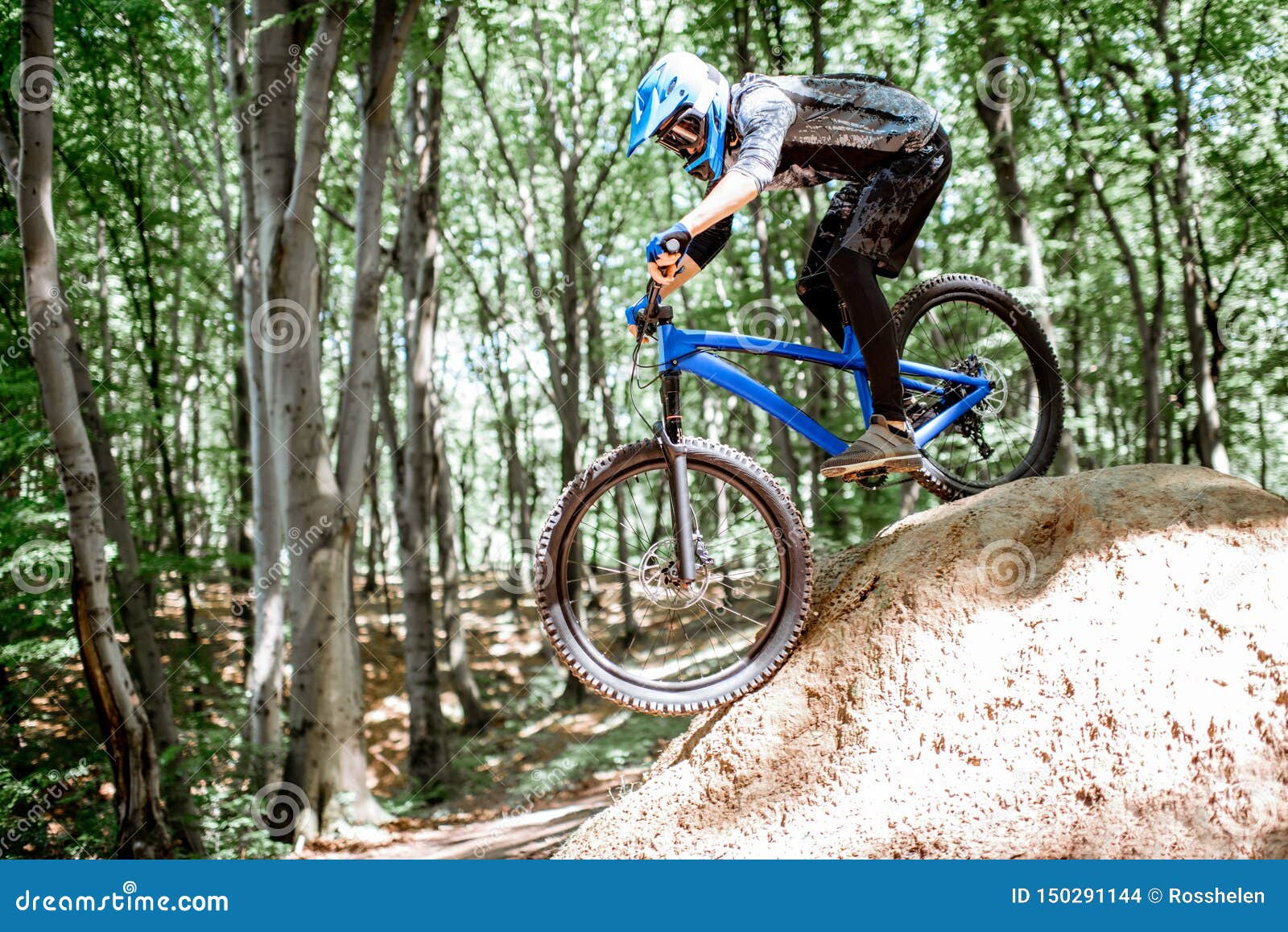 Cyclist Riding Extremely in the Forest Stock Photo - Image of blue ...