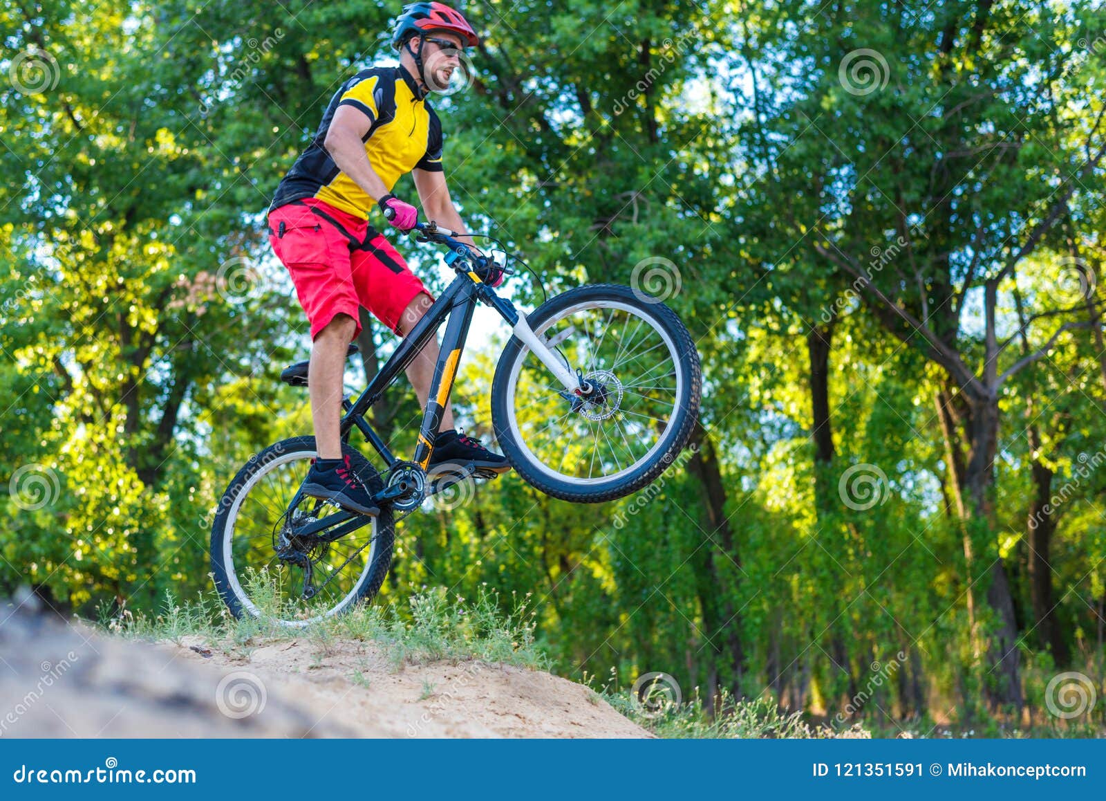 Cyclist in a Yellow Bright T-shirt is Riding from the Top, an Active ...