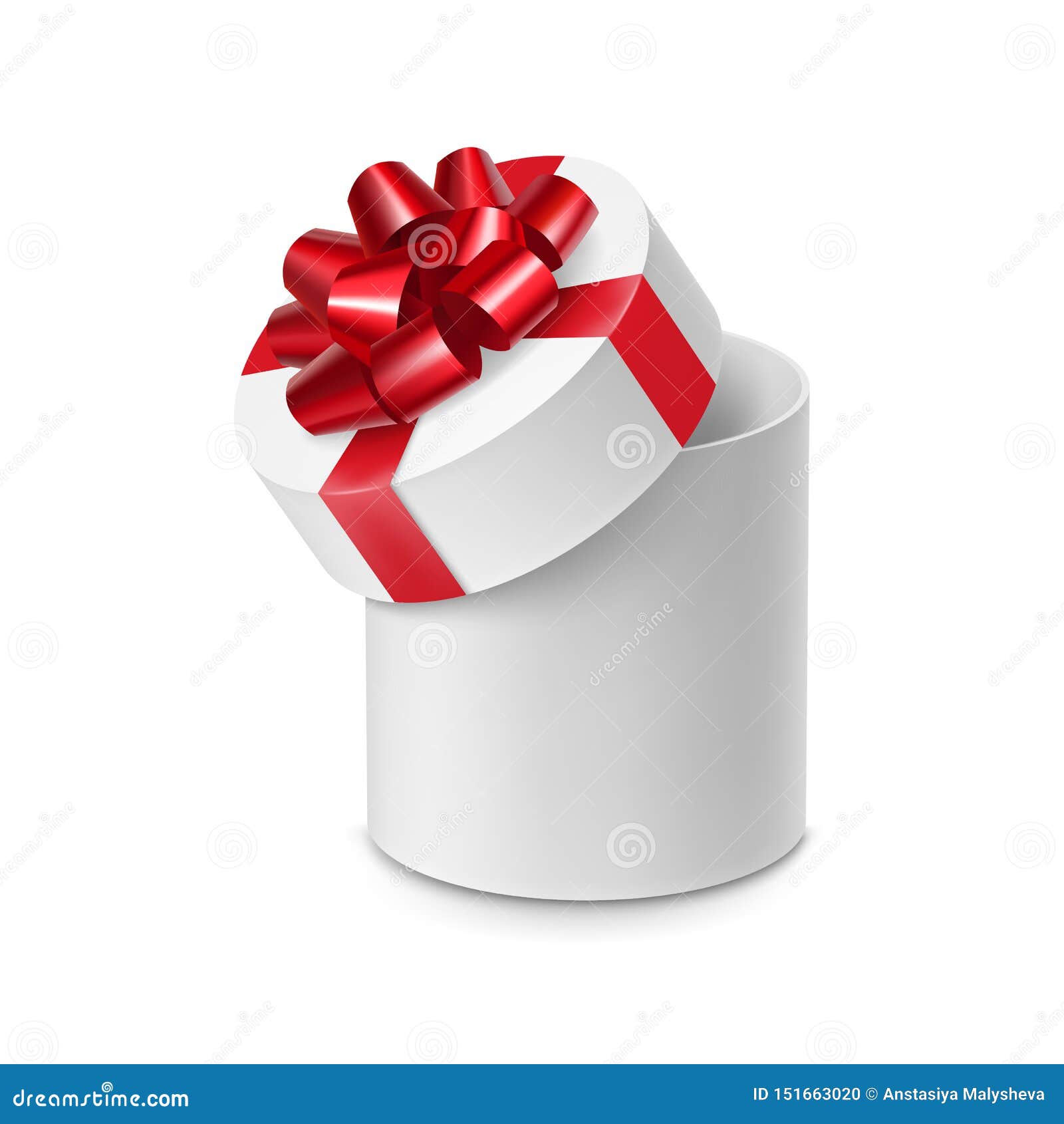 Realistic 3d white gift box with red glossy ribbon bow isolated on