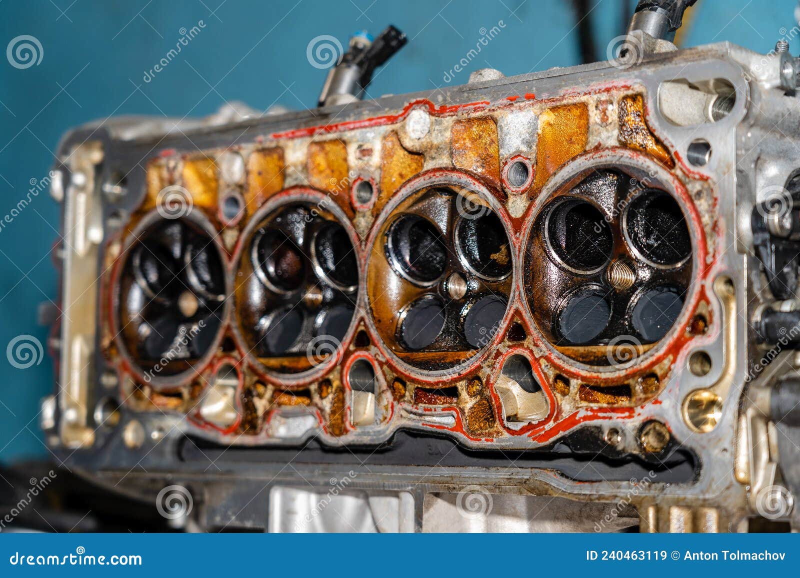 Cylinder Head with Valves. Automotive, Cylinder Head Servicing Stock