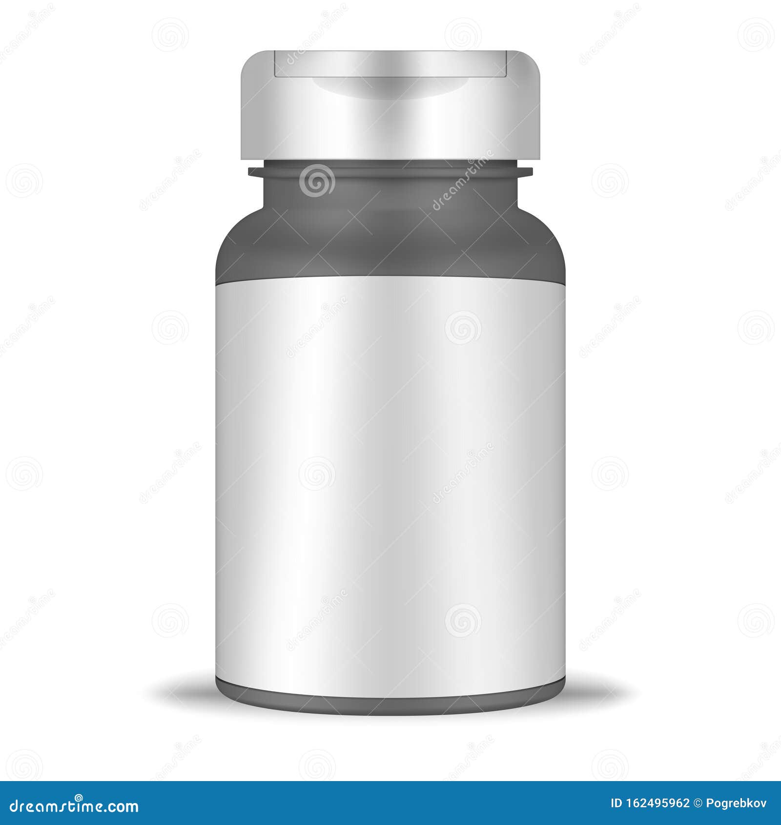 cylinder plastic bottle with blank label and screw flip top cap, realistic mockup. round container  on white background