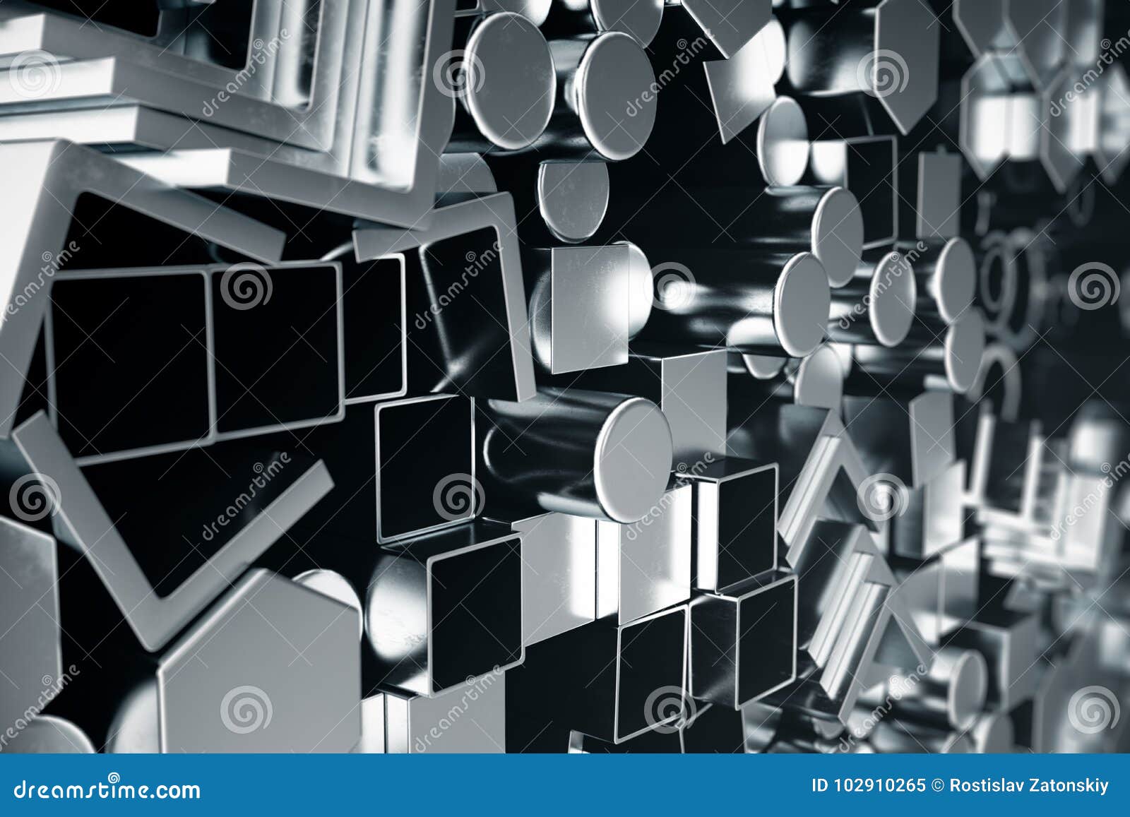 cylindrical metal steel profiles, hexagonal metal steel profiles, square metal steel profiles. different stainless steel