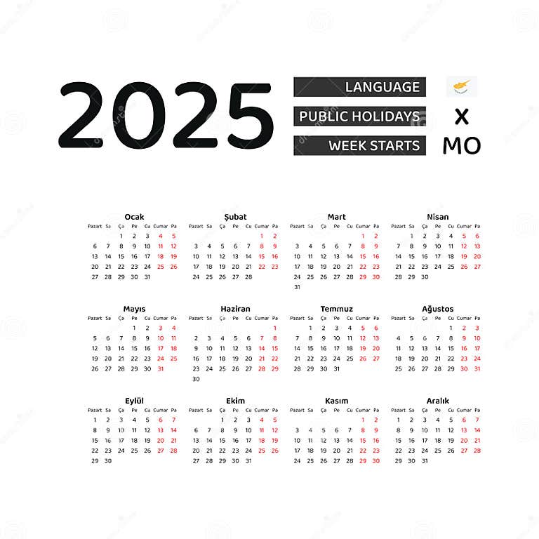 Cyprus Calendar 2025. Week Starts from Monday. Vector Graphic Design