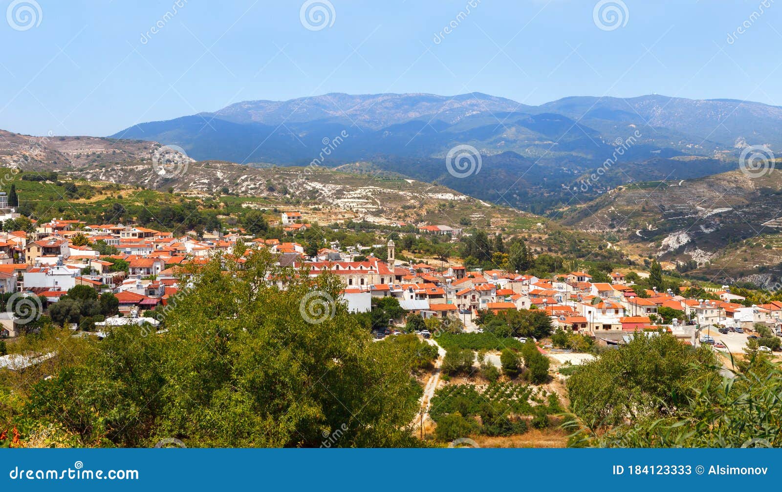 cyprus, view to the village of omodos is the monastery of the holy cross and the troodos mountains