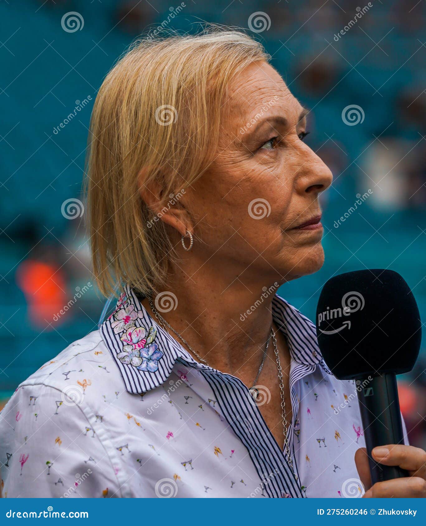 MIAMI GARDENS, FLORIDA - APRIL 2, 2023: Czech-American former professional tennis player and TV analyst Martina Navratilova during on court interview with Daniil Medvedev after men s singles final match at 2023 Miami Open