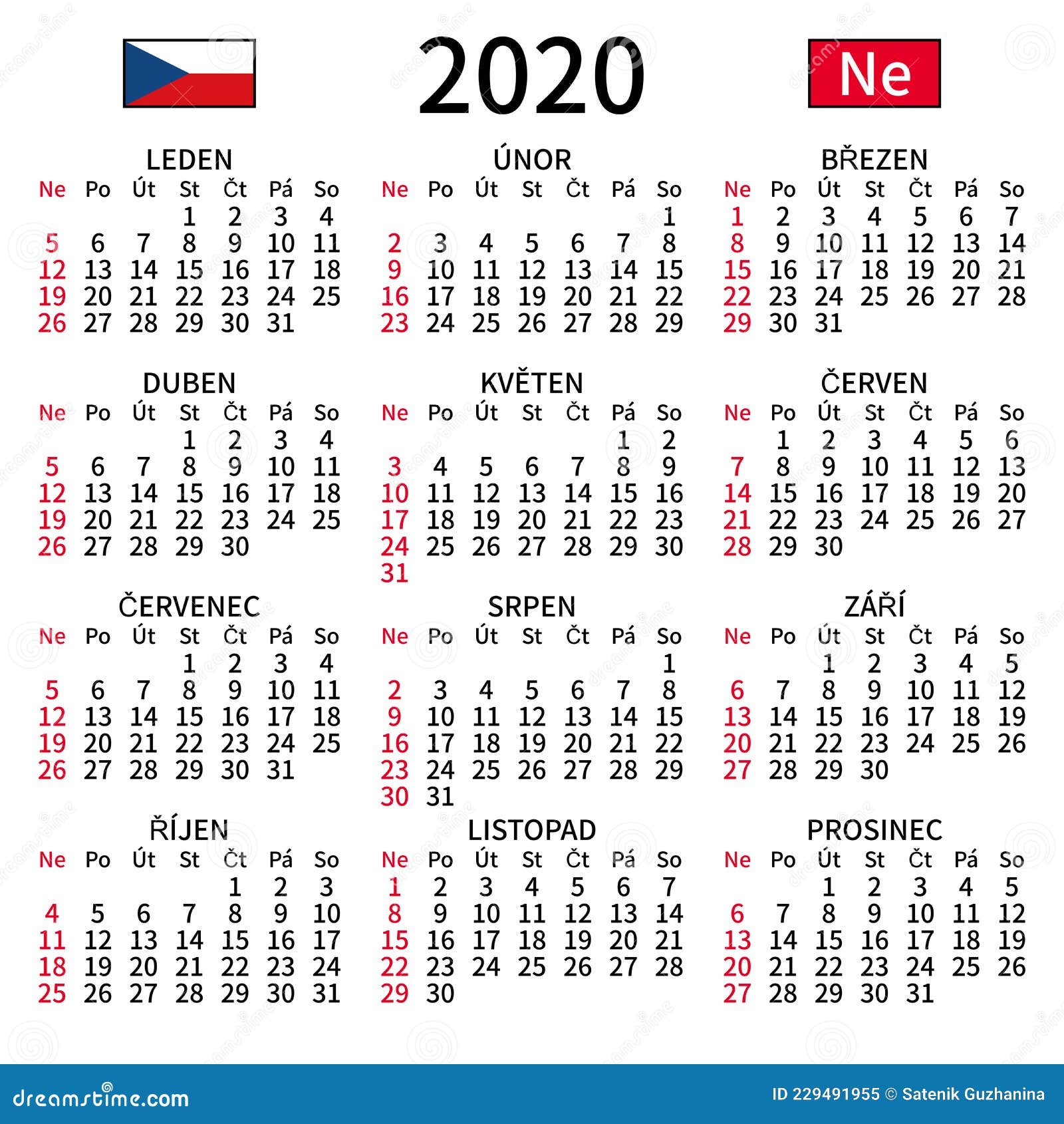 Czech Calendar 2020, Sunday Stock Vector - Illustration of republic, calendar: 229491955