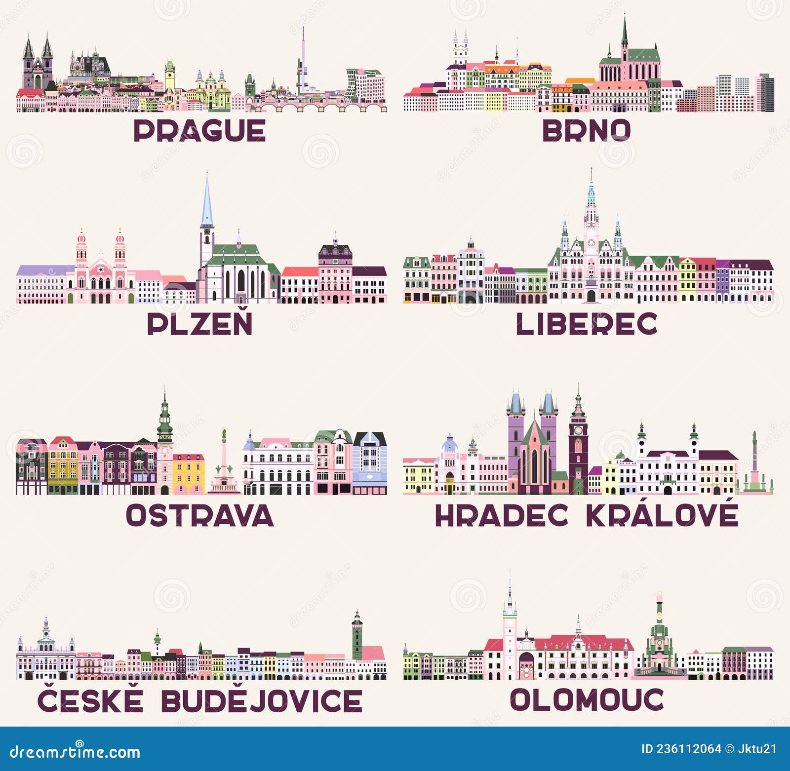 czech republic main cities cityscapes in rich pastel bright colorful palette. magic aesthetics style