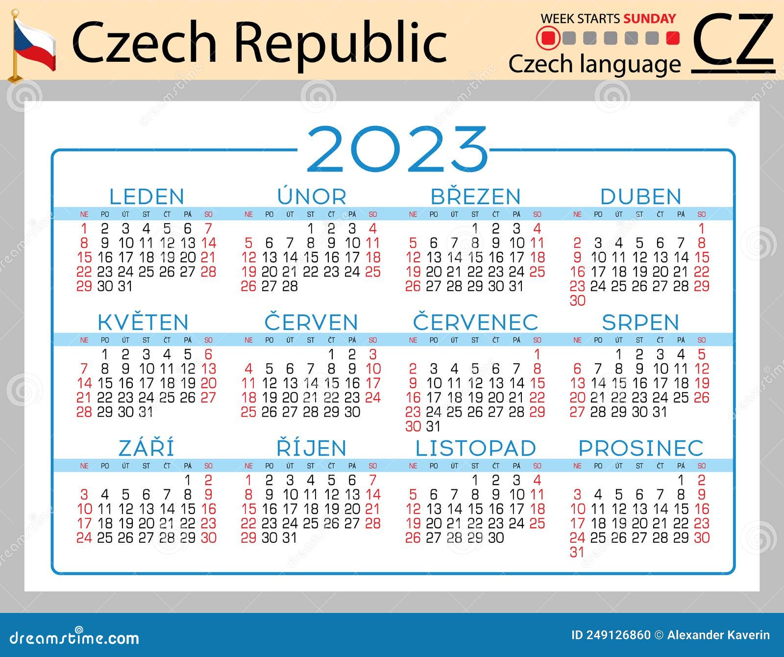 Czech Horizontal Pocket Calendar for 2023. Week Starts Sunday Stock
