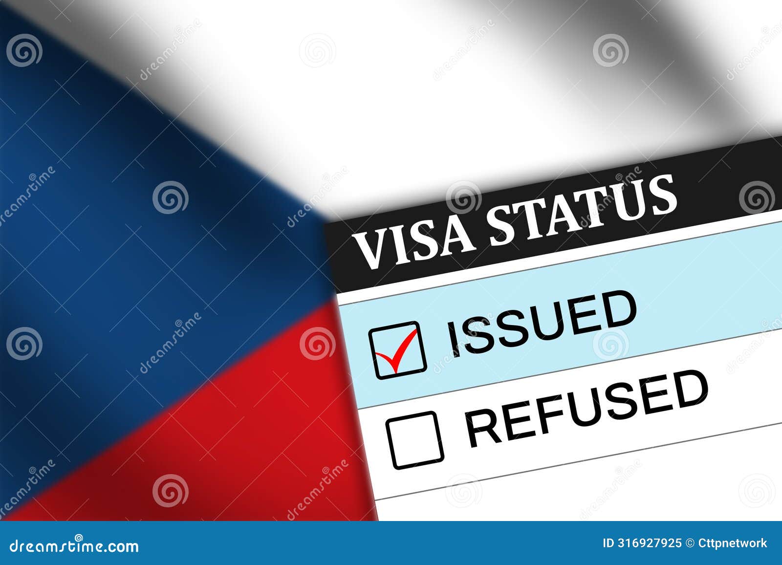 Czech Republic Visa Issued Status with Flag Waving in the Backdrop