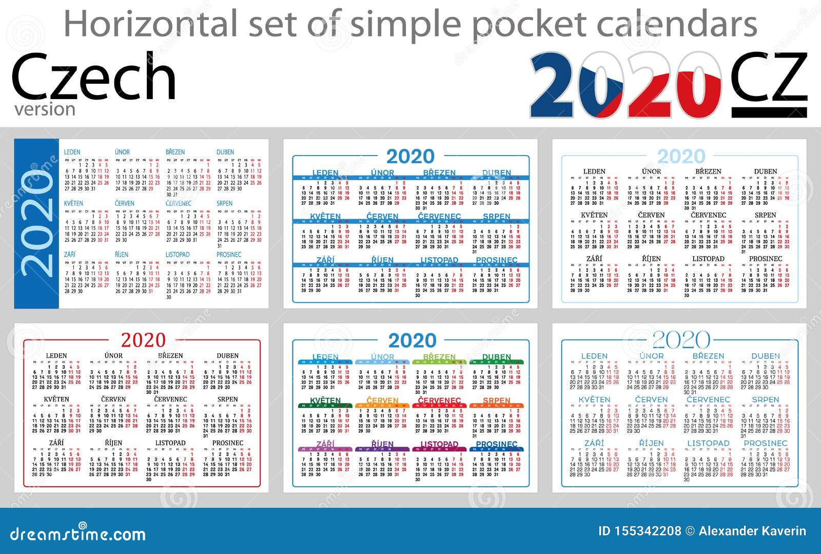 Czech Set of Pocket Calendars for 2020 Stock Vector Illustration of