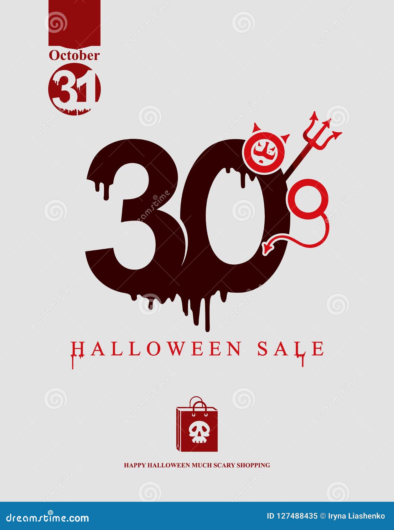Halloweenowa sprzedaż Wektorowy szablonu sztandar wakacyjna sprzedaż Czerni plamy rysować postacie 30% Czarci ` s rozwidla i rogi uwypuklają w postaci procentu znaka