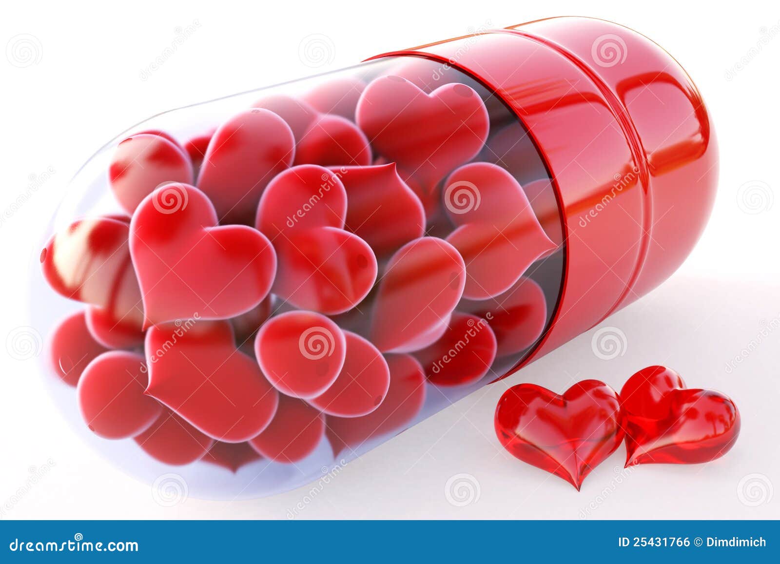 Corações vermelhos dentro da cápsula vermelha. no branco.